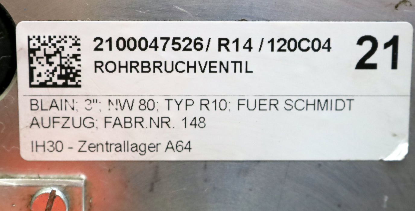 BLAIN HYDRAULICS Rohrbruchventil R10 3" NW80 für SCHMIDT AUFZÜGE mit Bernstein