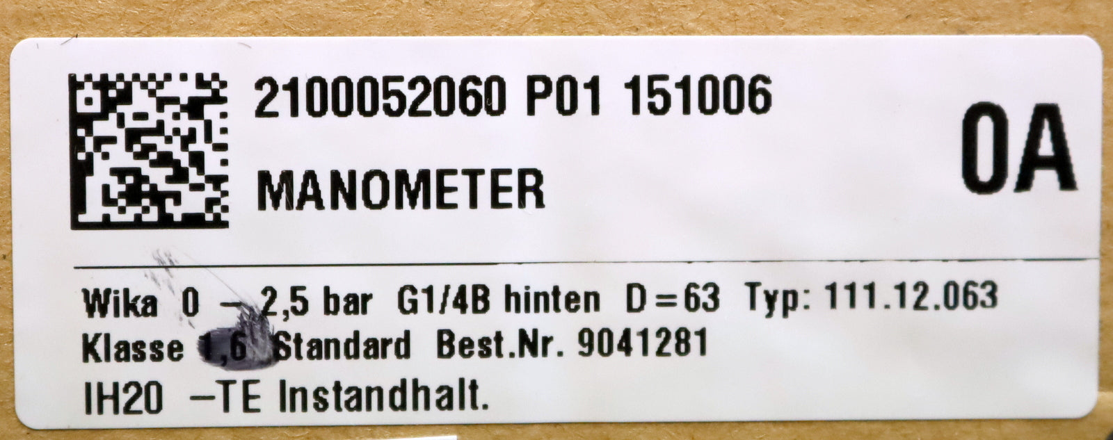 WIKA Manometer Typ 111.12.063 0-2,5bar G1/4" Form B Anschluss hinten Ø 63mm