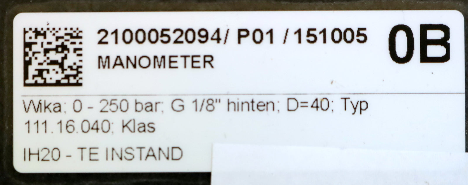 WIKA Manometer Typ 111..16.040 0-250bar G1/8" Anschluss hinten Ø 63mm Klasse 2,5