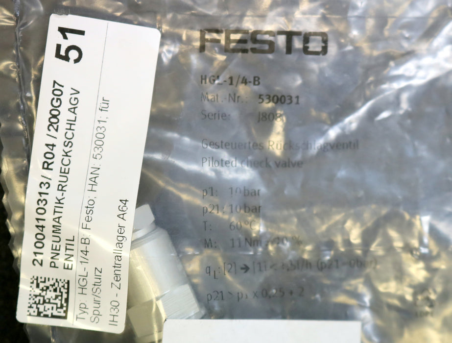 FESTO Gesteuertes Rückschlagventil HGL-1/4-B piloted check valve Mat.Nr. 530031