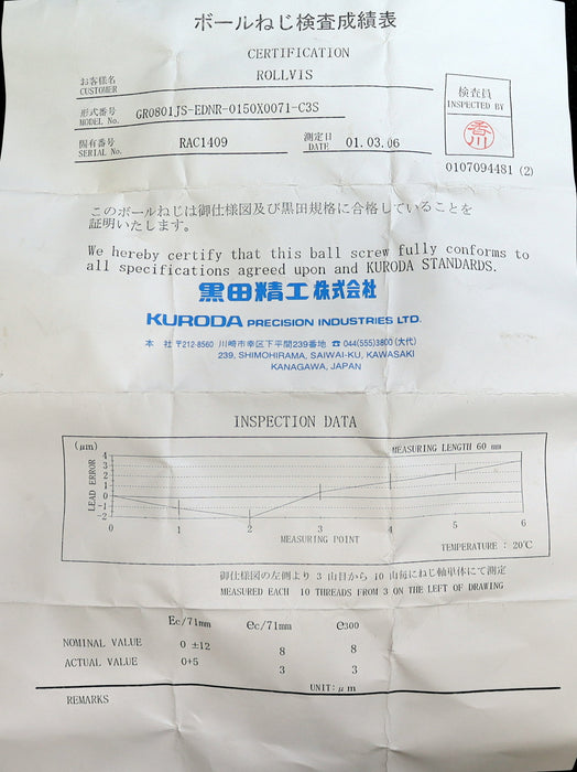 KURODA / JAPAN Kugelrollspindel mit einer Mutter No. GR0801JS-EDNR-0150x0071-C3S