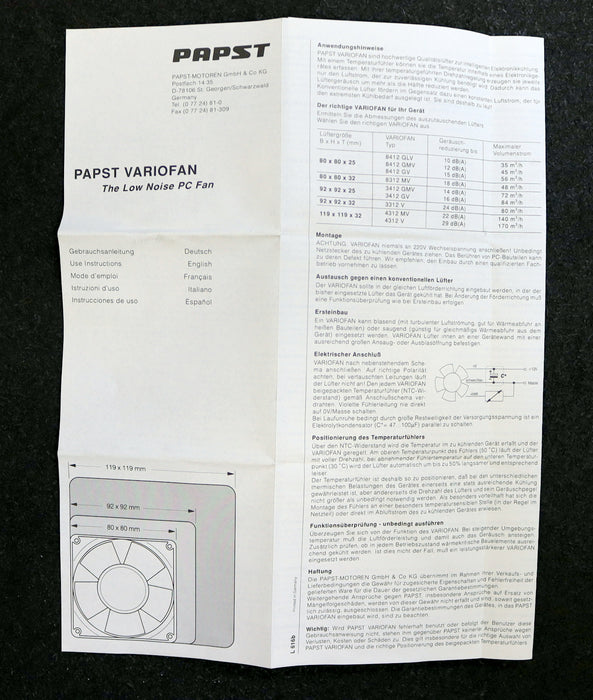 PAPST Lüfter 8412 NGMV 80x80x25mm 8-14VDC 12VDC 0,17A 2W unbenutzt in OVP