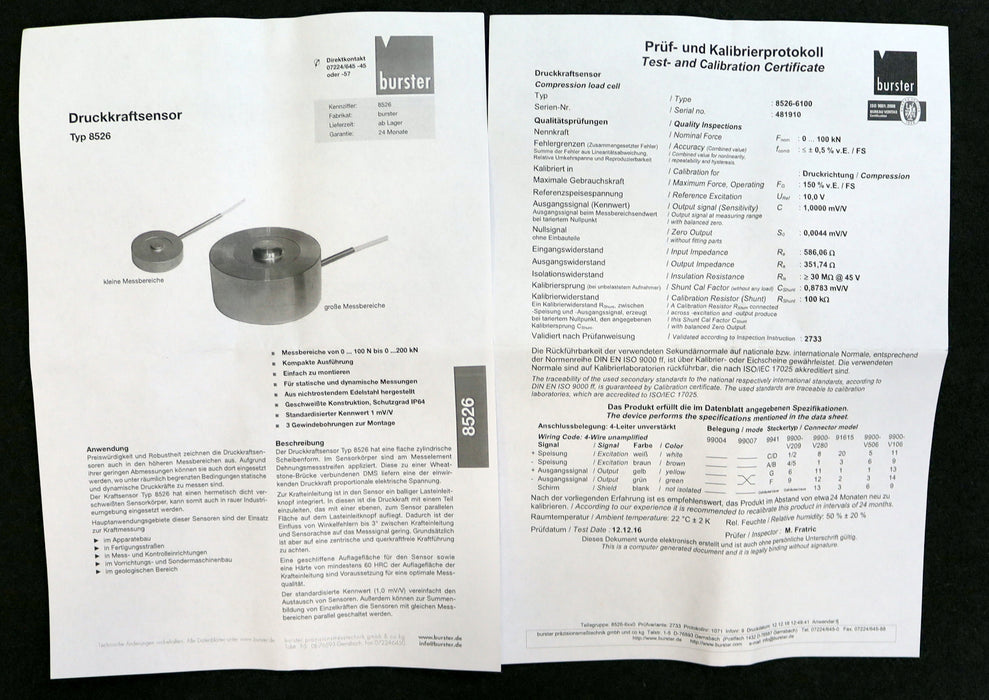 BURSTER Druckkraftsensor Type 8526-6100 Nennkraft F = 0-100kN 1mV/V