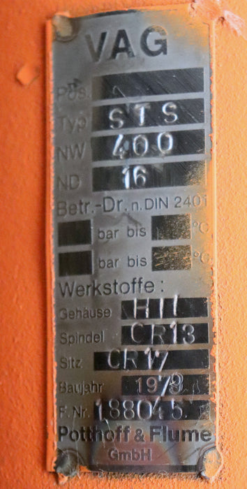 VAG / POTTHOFF & FLUME Trennschieber STS DN400 PN16 - 1380x610x630mm