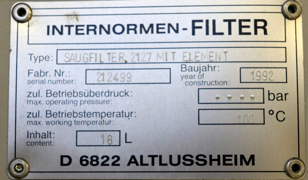 INTERNORMEN-FILTER Saugfilter 2127 mit Element Fab.Nr. 212499 BJ 1992 zul. 100°C