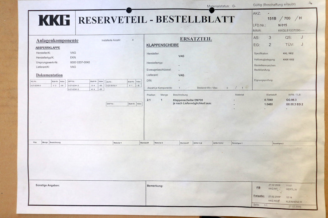 VAG Klappenscheibe DN700 PN10 GGG40 für Klappen VAG DN700 PN10 Seitenloch Ø 80mm