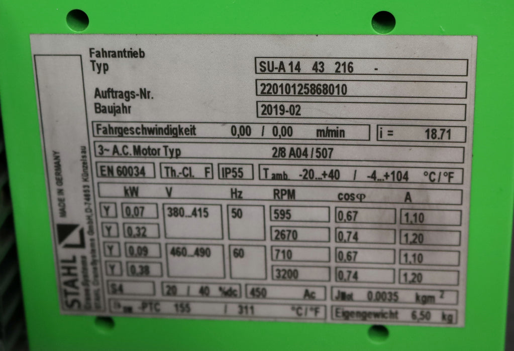 Bild des Artikels STAHL-Fahrantrieb-für-Elektrozug-SU-A-14-43-216-Motortyp-2/8-A04/507-i=-18,71-