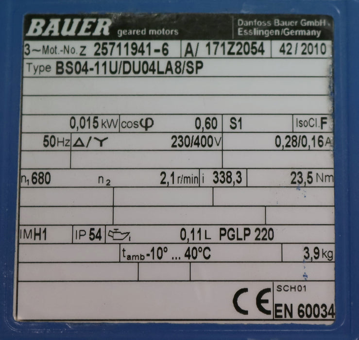 Bild des Artikels BAUER-Kegelrad-Getriebemotor-BS04-11U/DU04LA8/SP-n1=--680U/min-n2=-2,1U/min