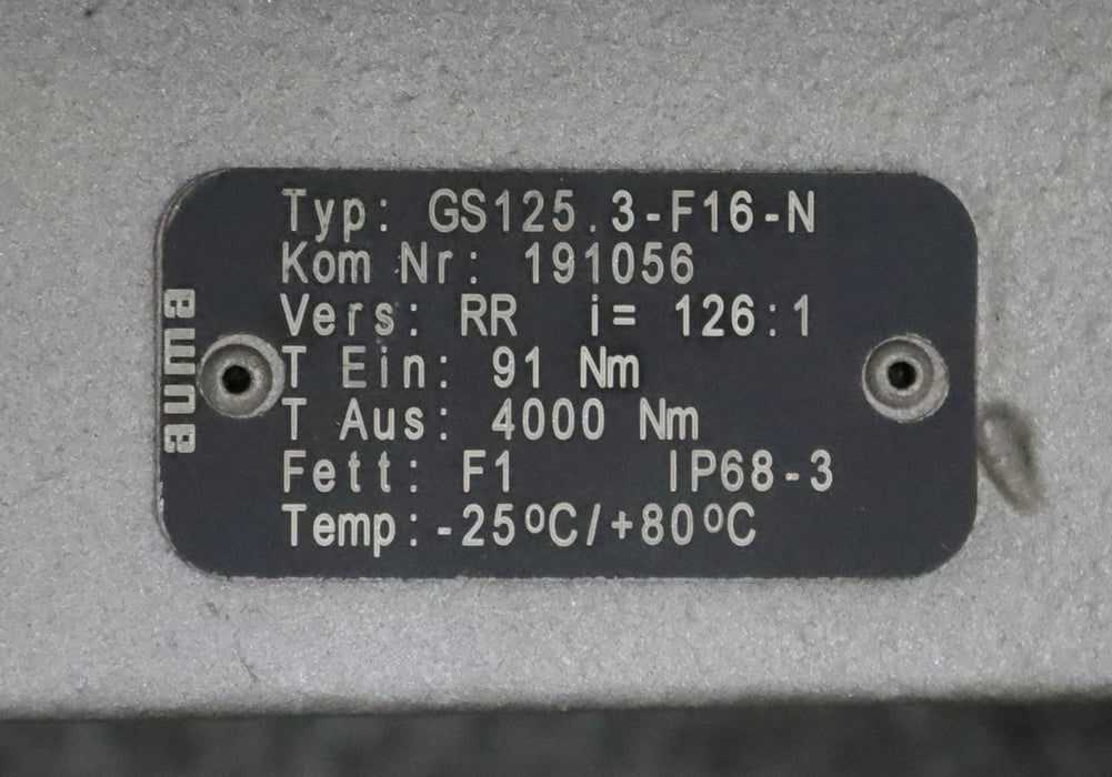 Bild des Artikels AUMA-/-VAG-Schwenkgetriebe-GS125.3---F16-N-Tein-=-91Nm-Taus-=-4000Nm-i-=-126:1