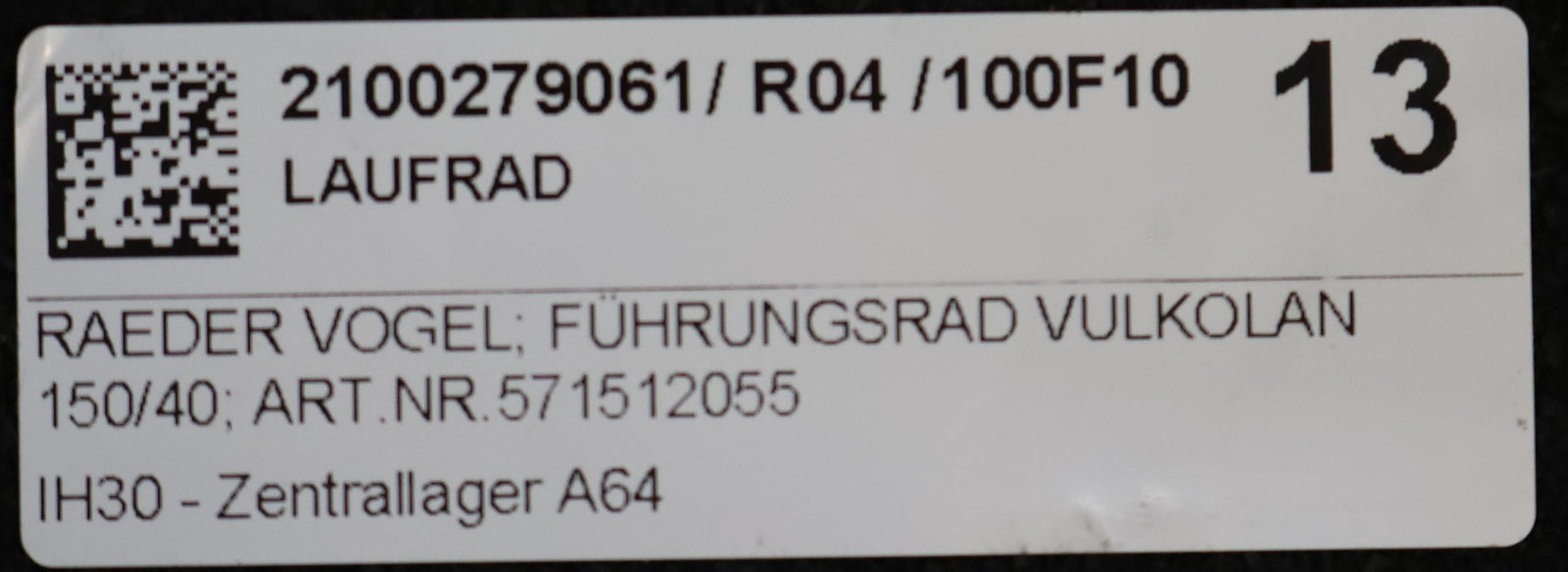 Bild des Artikels RÄDER-VOGEL-Führungsrad-VuLkolan-150/40-Art.-Nr.-571512055-unbenutzt