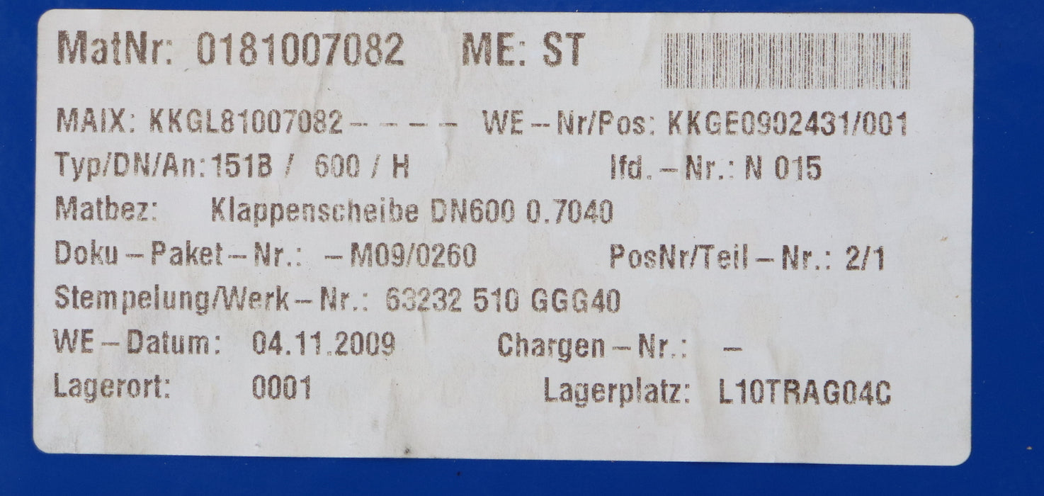 VAG Klappenscheibe DN600 PN10 GGG40 für Klappen VAG DN600 PN10 Seitenloch Ø 60mm