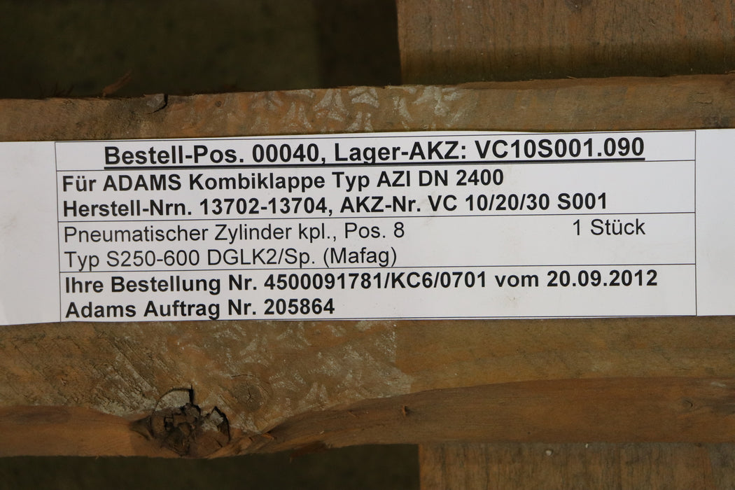 MAFAG Pneumatischer Zylinder Typ S250-600 DGLK2/Sp. KolbenØ 250mm Hub 600mm