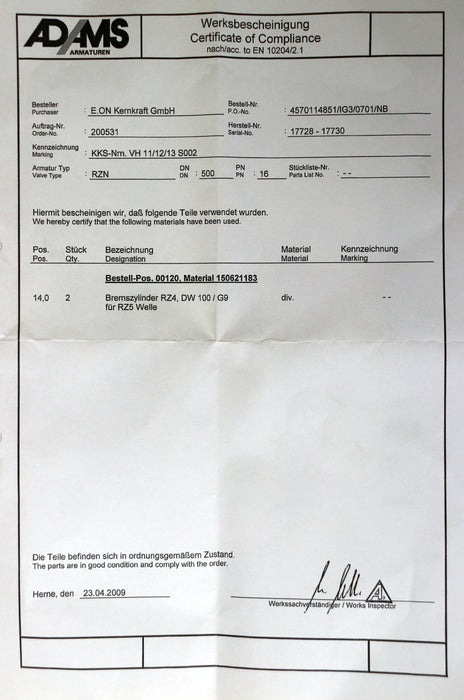 Bild des Artikels ADAMS-Bremszylinder-RZ4-DW-100-/-G6-für-RZ5-Welle-für-Armatur-RZN-DN500-PN16