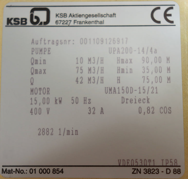 Bild des Artikels KSB-Unterwassermotorpumpe-UPA-200-14/4-Q-=-42m³/h-H-=-75m-15kW-Motor-UMA-150D