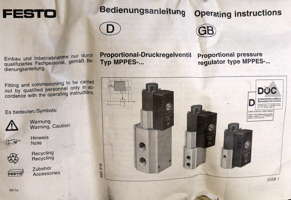 FESTO Proportinal-Druckminderer MPPES-3-1/8-10-010 Mat.Nr. 187348 p2 = 0-10bar