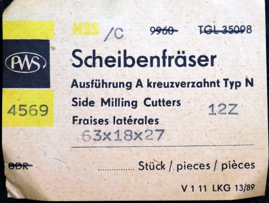 PWS Scheibenfräser nach DIN885 Form A Typ N kreuzverzahnt Ø 63 x 18 x Ø 27mm