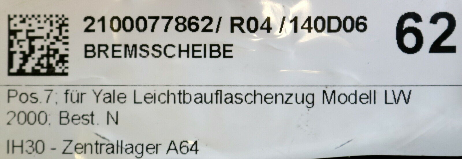 YALE Bremsscheibe Art.Nr. 031 2246 für YALE Leichtbauflaschenzug Modell LW2000