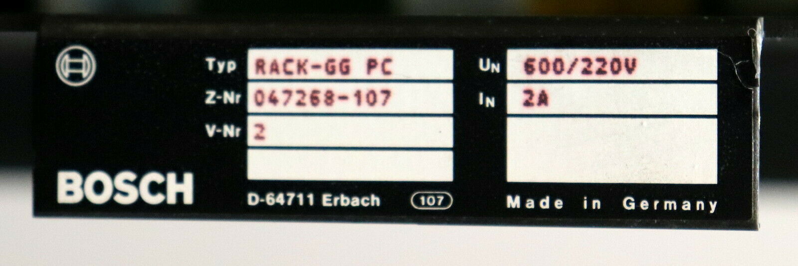 BOSCH RACK-GG PC 047268-107 V-Nr. 2 UN=600/220V In = 2A mit 2 Lüftern