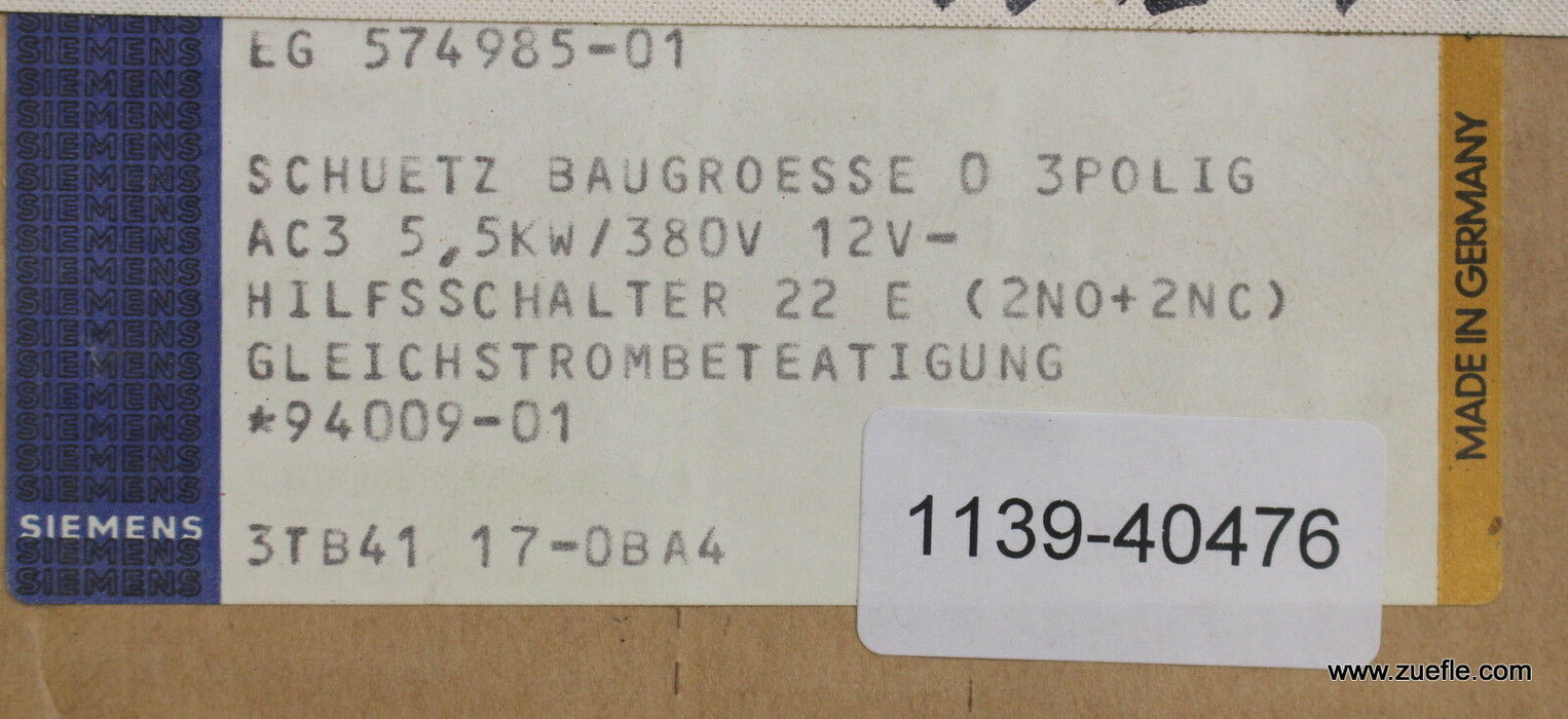 SIEMENS Hilfsschütz control relay 3TB4117-OBA4 Us = 12VDC 5,5kW