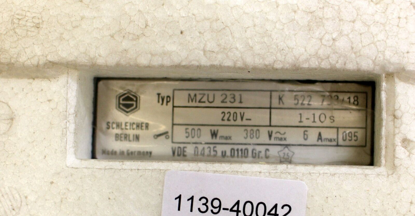 SCHLEICHER Präzisions-Zeitrelais MZU 231 220V - t=1-10s - 500W - Nr. K522733/18