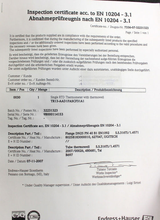 ENDRESS+HAUSER Modulares RTD-Thermometer TR13 AAD1FASCF31A1 Sondenlänge L=120mm
