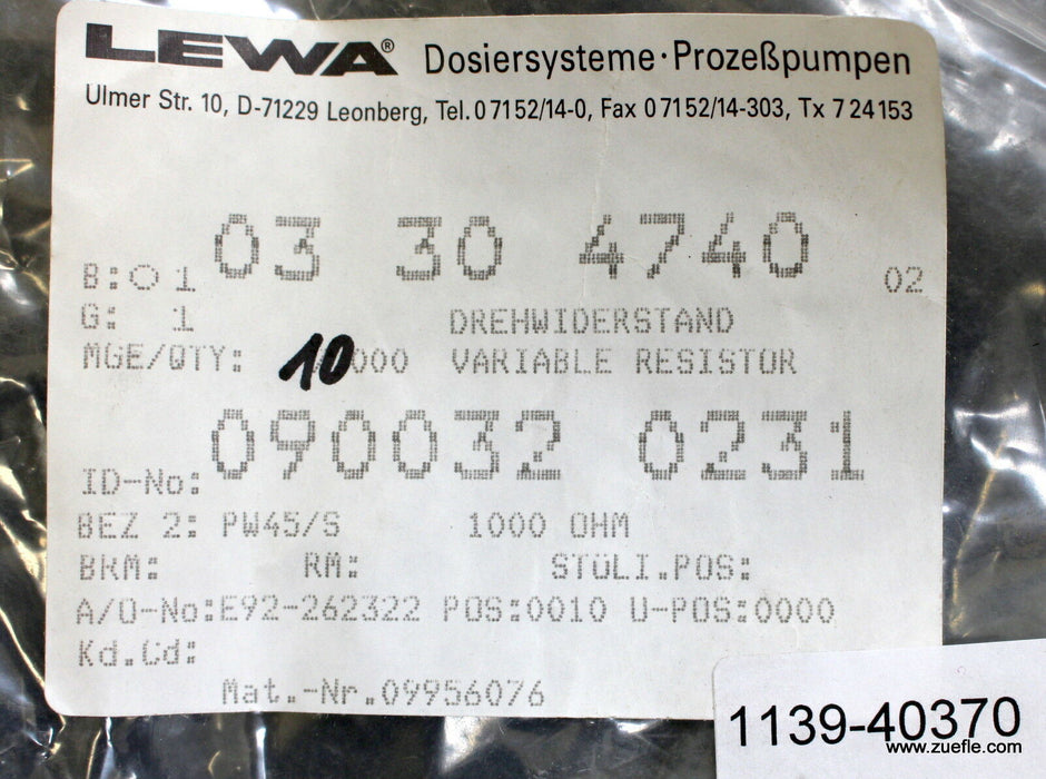 LEWA Präzisions-Rotations-Potentiometer PW45/S - 1000 Ohm - Id 0900320231 - 345°