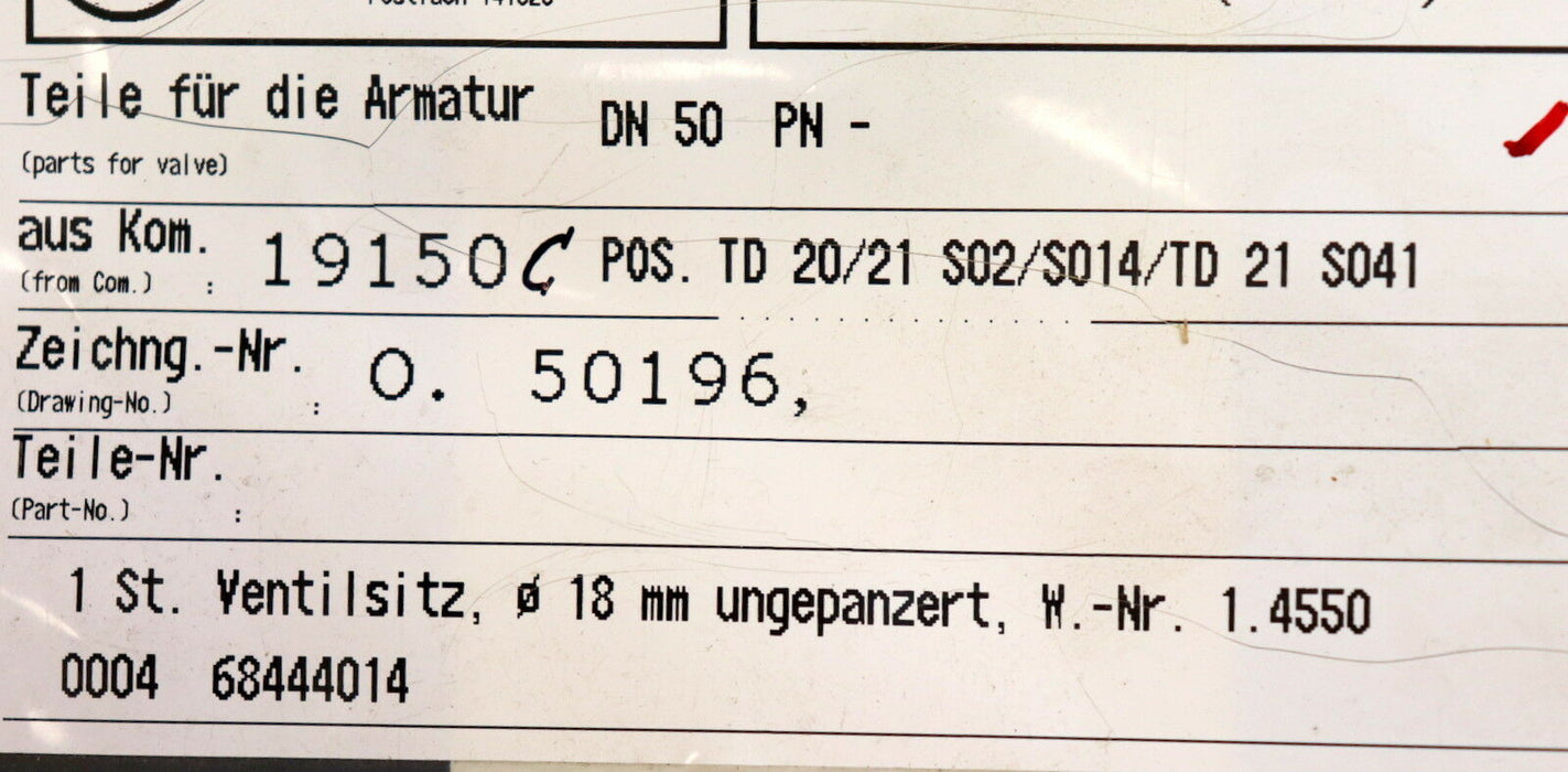 WELLAND & TUXHORN Ventilsitz DN50 Durchmesser 18mm ungepanzert Material 1.4550