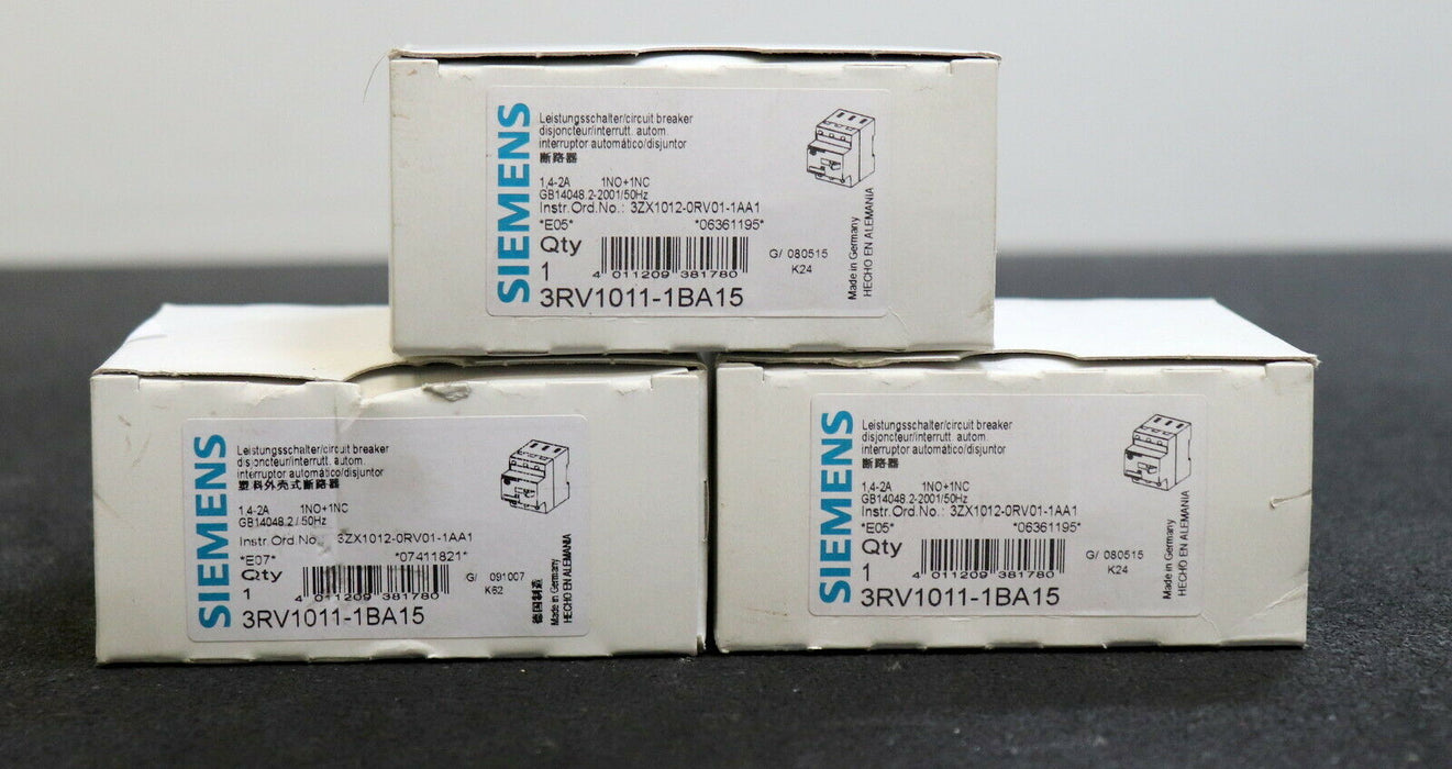 SIEMENS 3 Stück Motorschutzschalter 3RV1011-1BA15 1,4-2,0A 1NO + 1NC