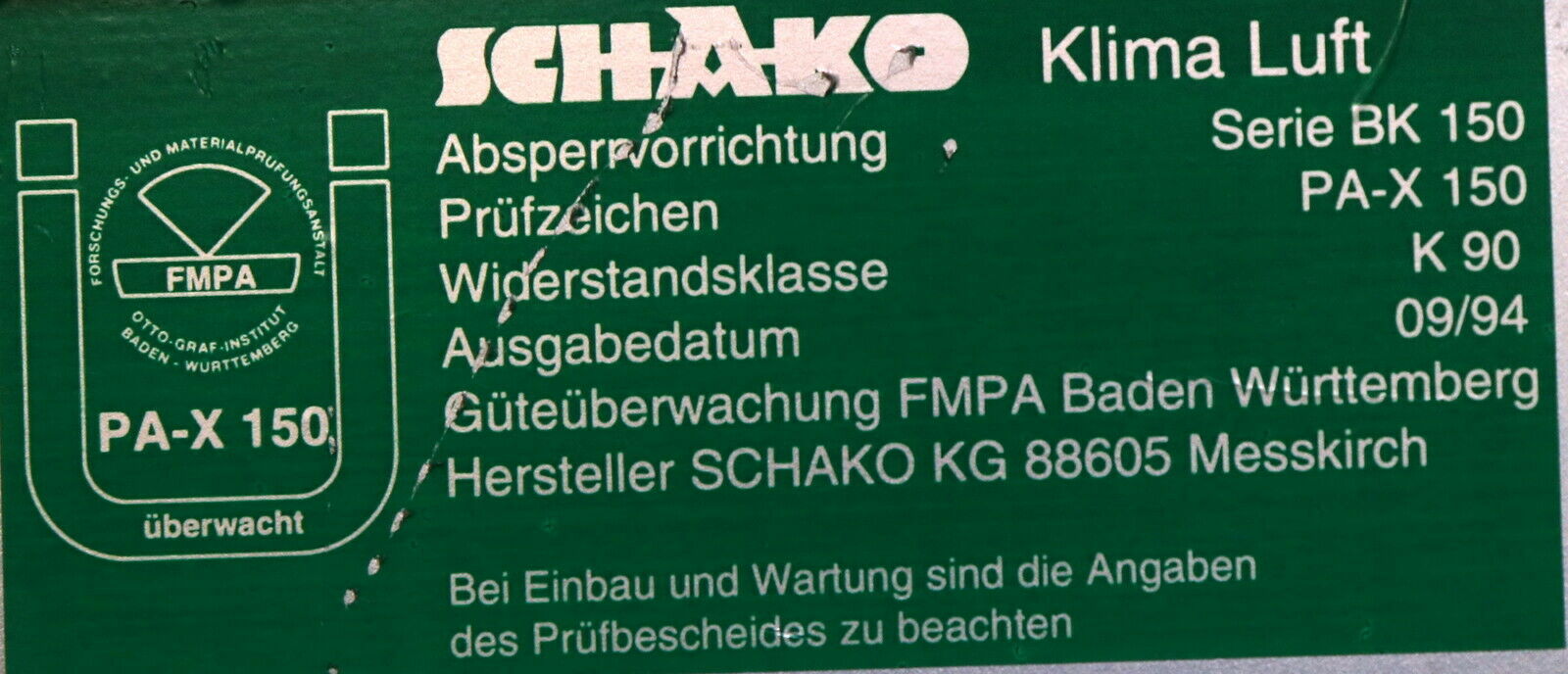 SCHAKO Absperrvorrichtung Serie BK150 für Brandschutzklappe BK150 - PA-X 150