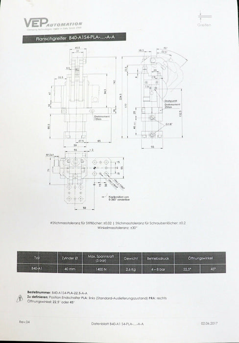 VEP AUTOMATION Flansch-Greifer Greifer-Spanner B40-A1S4-PLA-45-A-A Zylind.Ø 40mm