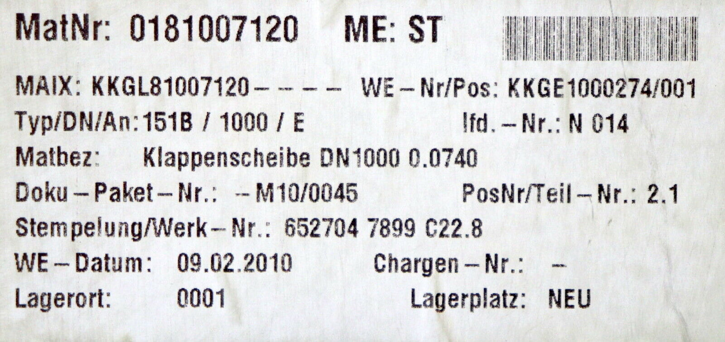 VAG Klappenscheibe KL-SHB EKL (ROOR) DN1000 PN10 Material C22.8 für Klappen VAG