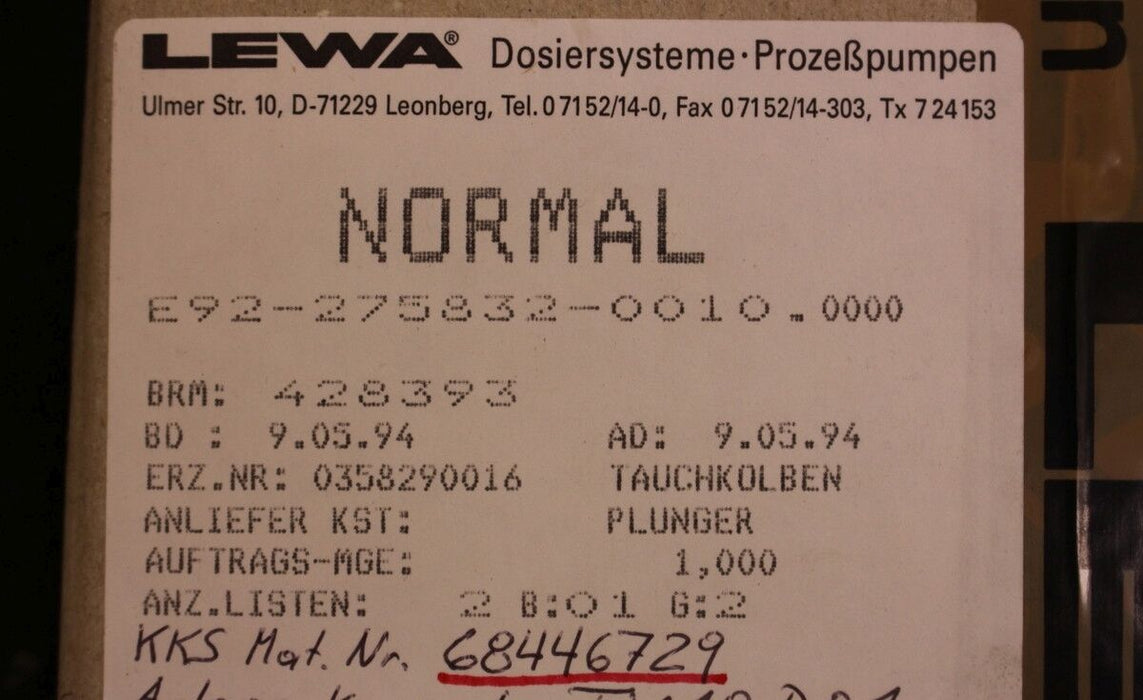 LEWA Tauchkolben Gr.16 - Nr. 540.035829.0016 - für Zweifach-Membrandosierpumpe