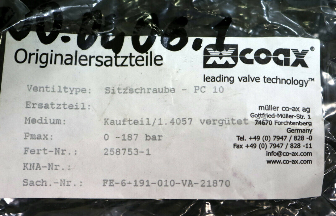 COAX Sitzschraube PC 10 Sach-Nr. FE-6-191-010-VA-21870 Pmax = 0-187bar