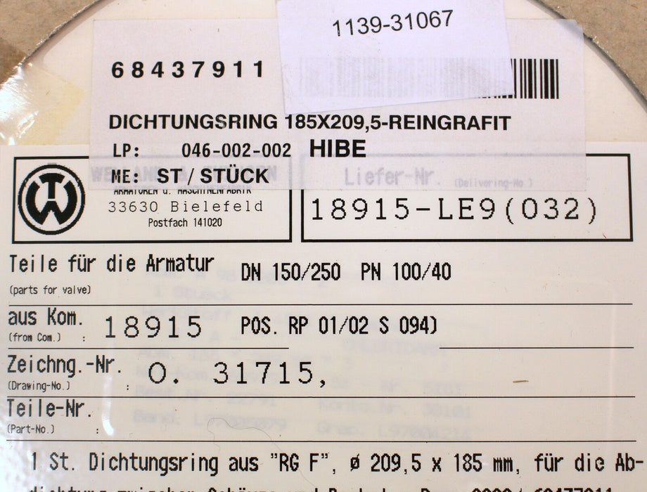 WELLAND Dichtungsring 185x209,5 - Reingraphit für Armatur DN150/200 PN100/40