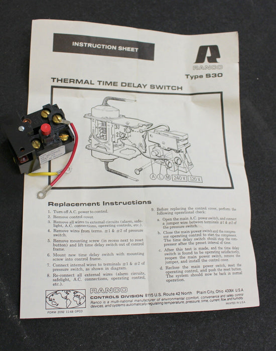RANCO Zeitverzögerungsschalter S30-1307-070 60 Sekunden Time Delay Switch
