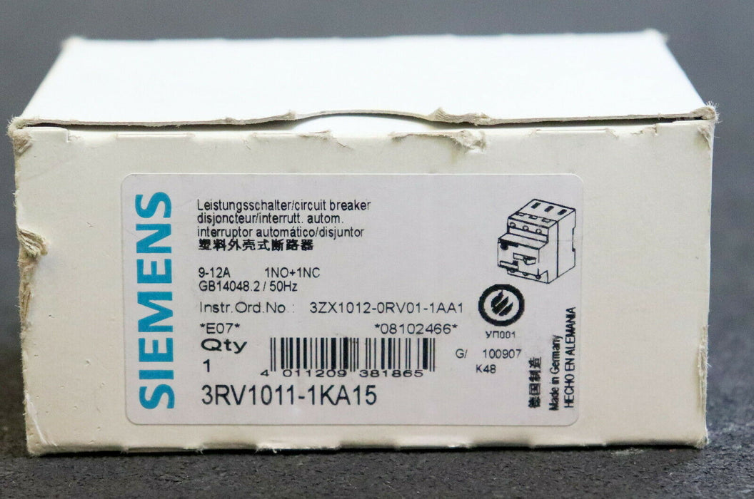 SIEMENS Motorschutzschalter 3RV1011-1KA15 9-12A 1NO + 1NC Baugröße S00