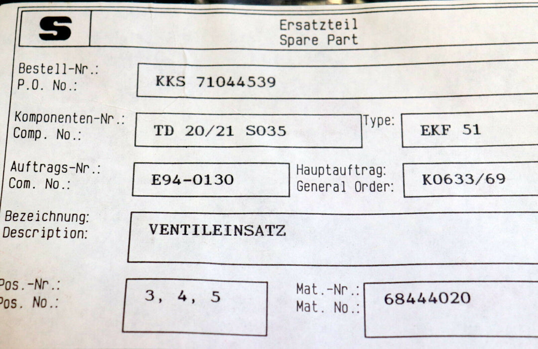 SCHROEDAHL Kaskadenbuchse mit Ventileinsatz Pos. 3,4,5 KKS-NR. TB20/21 S035