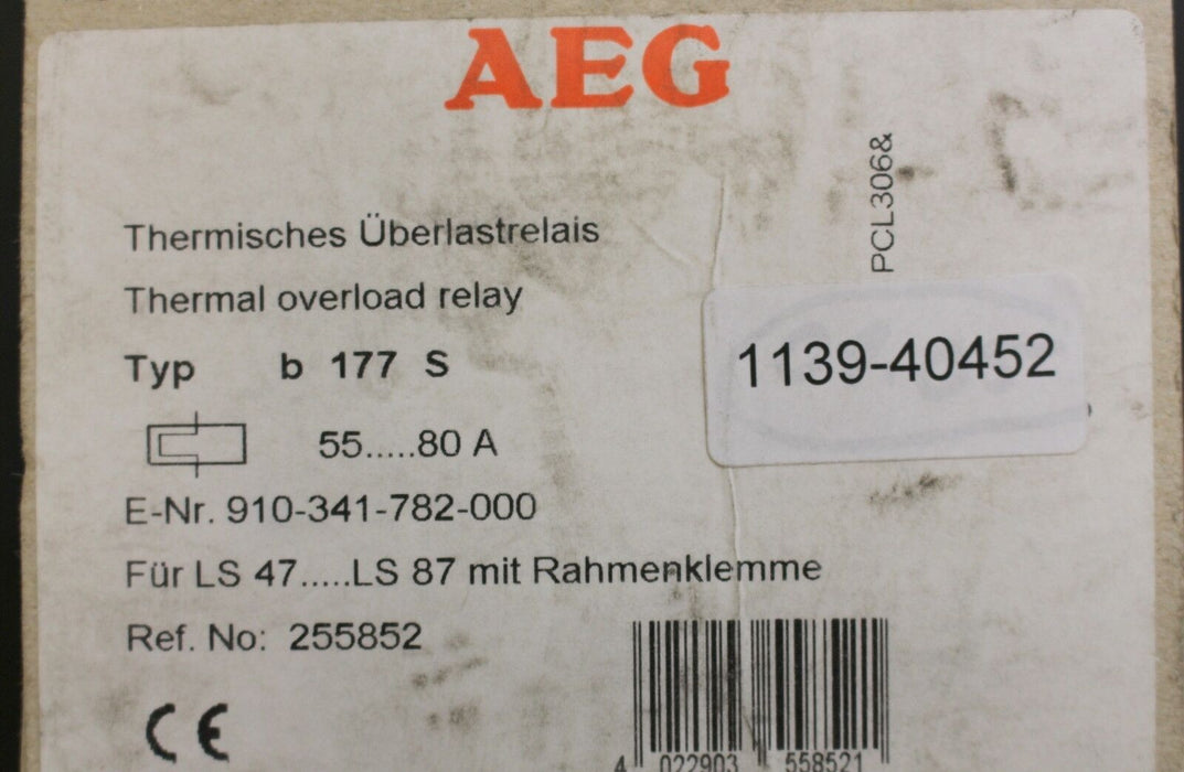 AEG Thermisches Überlastrelais bw177S 55-80A E-Nr. 910-341-782-00 + Rahmenklemme