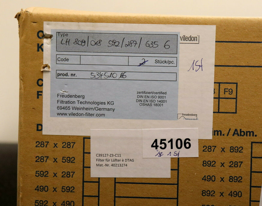 FREUDENBERG VILEDON Filter für DTAG-Lüfter Abmessungen Metallrahmen 592 x 287 mm