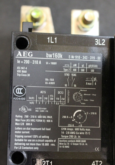 AEG Thermisches Überlastrelais bw160K-310 200-310A E-Nr. 910-343-319-00