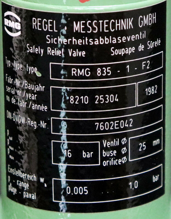 RMG Sicherheitsabblaseventil Typ RMG 835 - 1 - F2 pmax = 16bar Ventil-Ø 25mm