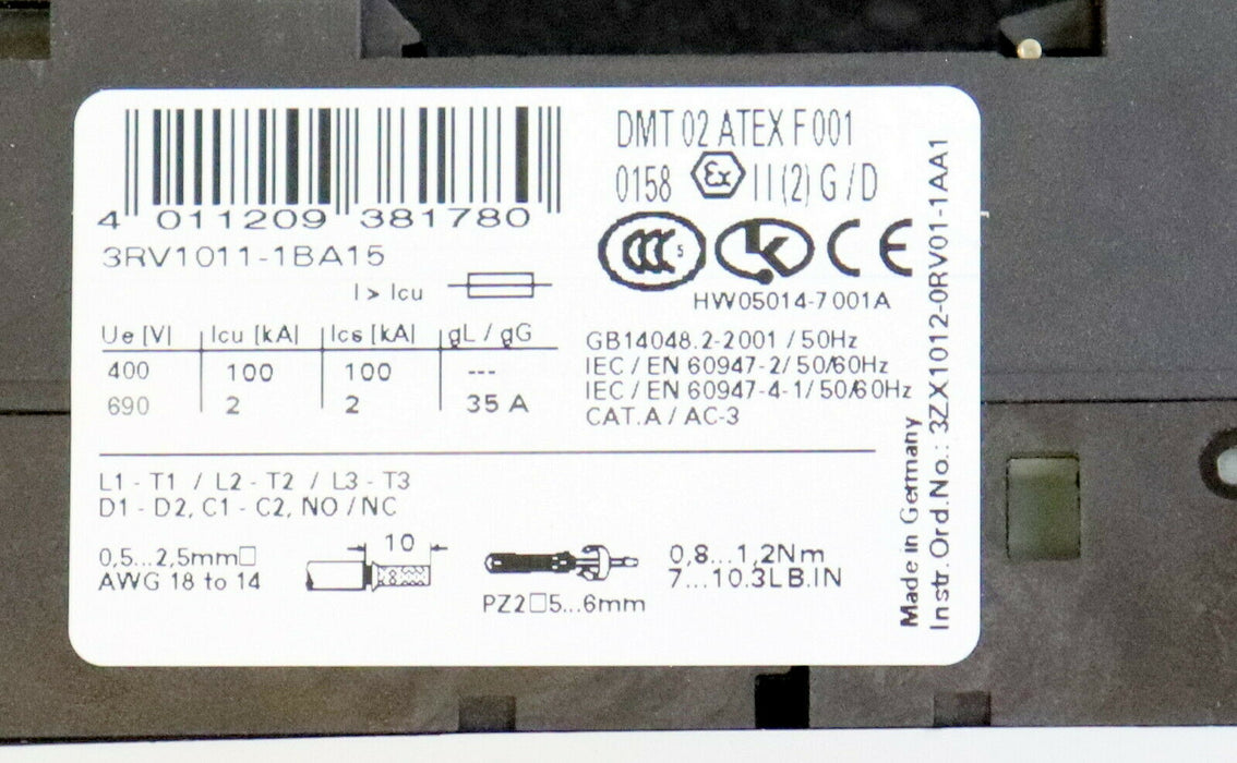 SIEMENS 3 Stück Motorschutzschalter 3RV1011-1BA15 1,4-2,0A 1NO + 1NC
