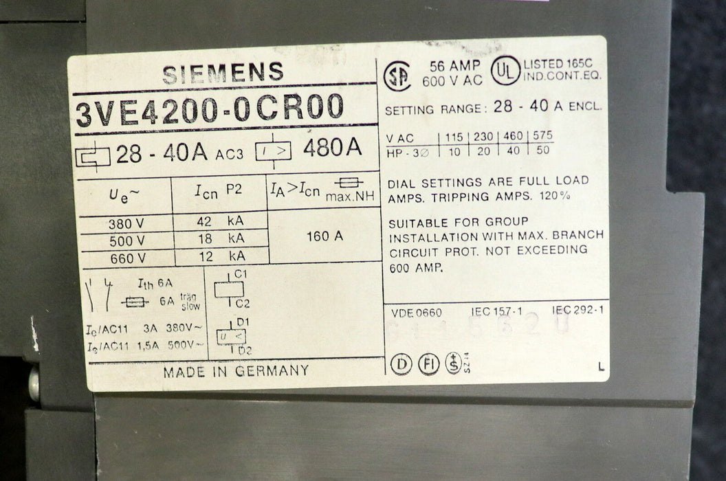 SIEMENS Motorschutzschalter 3VE4200-0CR00 28-40A gebraucht - funktionsfähig - ok
