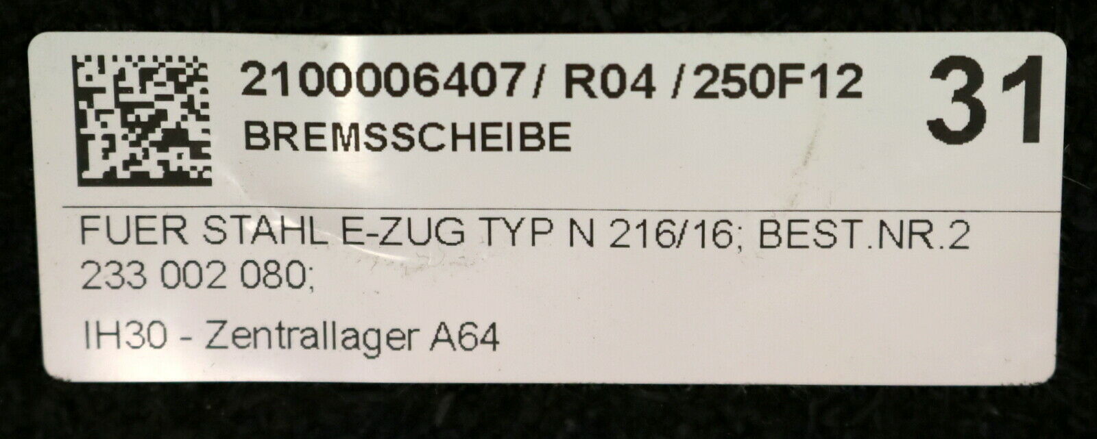 STAHL AUFZÜGE Bremsscheibe ZB N2 Sach-Nr. 2233002080 f. STAHL E-Zug Typ N 216/16