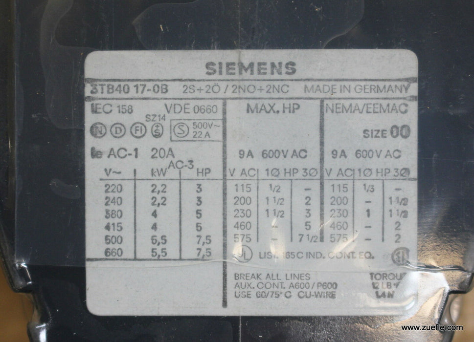 SIEMENS Schütz contactor 3TB4017-OBQ4 Us = 240VDC 4kW