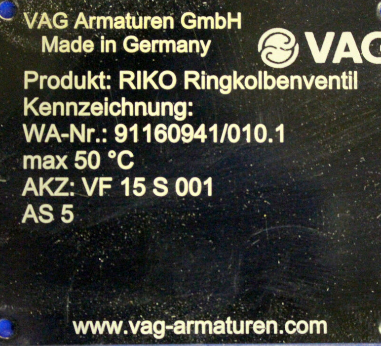 VAG Ringkolbenventil Plunger Valve RIKO DN600 PN10 + AUMA-Getriebe GS100.3-F16-N