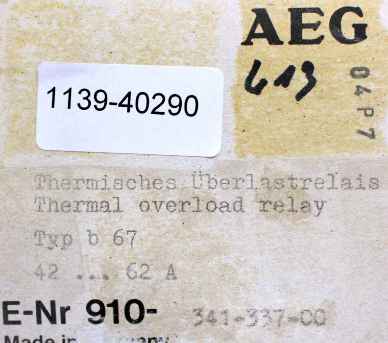AEG Thermisches Überstromrelais b67 42-62A Thermal overload relay 910-341-337-00