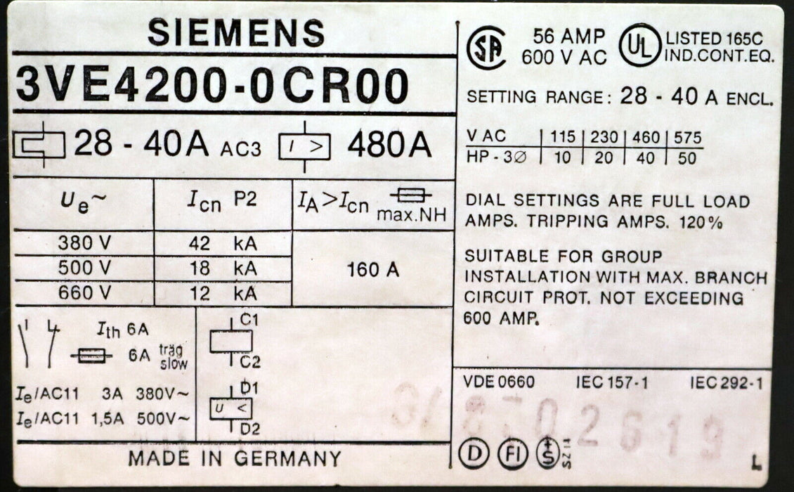 SIEMENS Motorschutzschalter 3VE4200-0CR00 28-40A - gebraucht