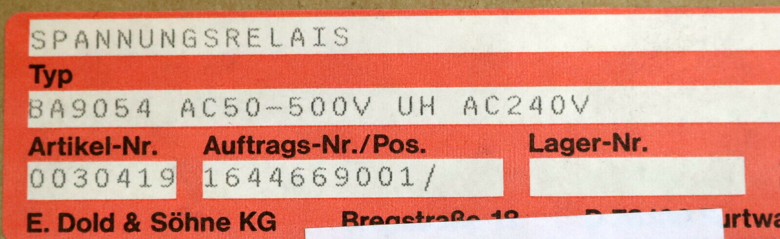 DOLD Spannungsrelais BA9054 240VAC 50-500VAC Nr. 0030419 mit Anleitung 50/60Hz
