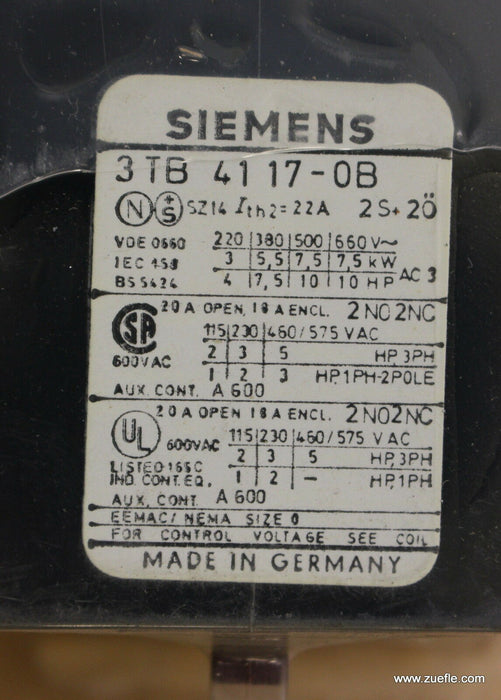 SIEMENS Hilfsschütz control relay 3TB4117-OBA4 Us = 12VDC 5,5kW